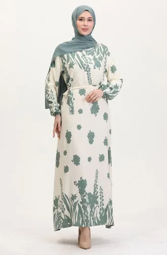 Robe En Viscose à Motifs Avec Ceinture 0018-01 Crème Kaki 0018-01