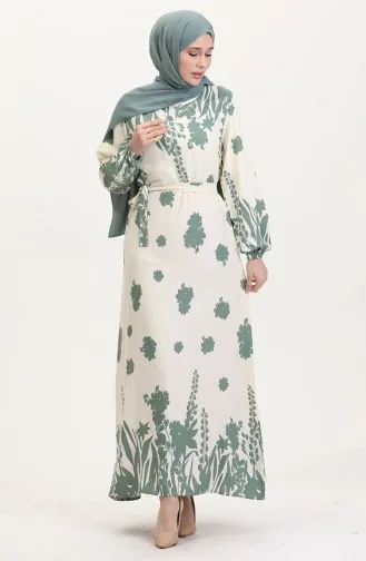 Robe En Viscose à Motifs Avec Ceinture 0018-01 Crème Kaki 0018-01