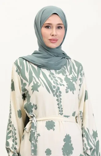 Robe En Viscose à Motifs Avec Ceinture 0018-01 Crème Kaki 0018-01