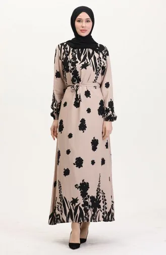 Robe En Viscose à Motifs Avec Ceinture 0018-02 Milk Coffee Black 0018-02