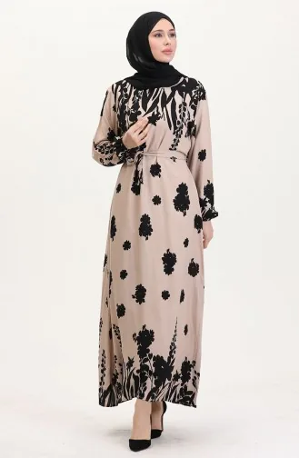Robe En Viscose à Motifs Avec Ceinture 0018-02 Milk Coffee Black 0018-02