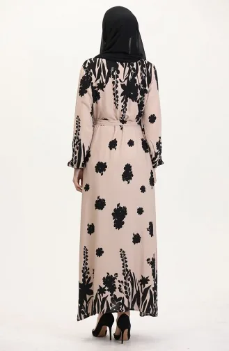 Robe En Viscose à Motifs Avec Ceinture 0018-02 Milk Coffee Black 0018-02