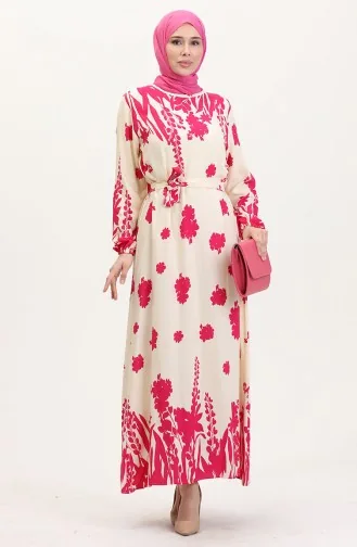 Gemustertes Viskose Kleid Mit Gürtel 0018-03 Creme Fuchsie 0018-03