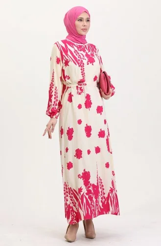 Gemustertes Viskose Kleid Mit Gürtel 0018-03 Creme Fuchsie 0018-03