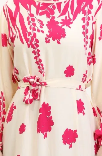 Gemustertes Viskose Kleid Mit Gürtel 0018-03 Creme Fuchsie 0018-03