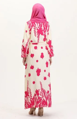 Gemustertes Viskose Kleid Mit Gürtel 0018-03 Creme Fuchsie 0018-03