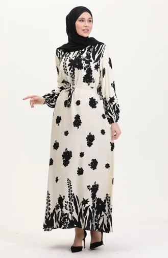 Robe En Viscose à Motifs Avec Ceinture 0018-05 Crème Noir 0018-05