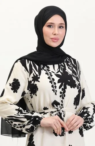 Robe En Viscose à Motifs Avec Ceinture 0018-05 Crème Noir 0018-05