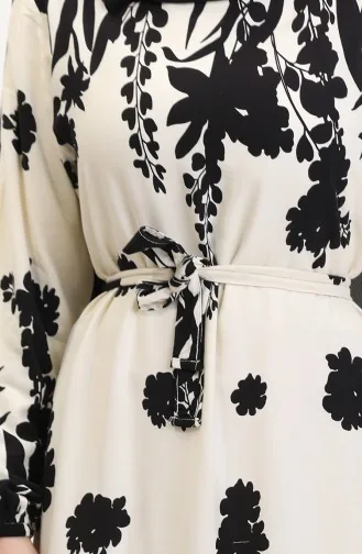 Robe En Viscose à Motifs Avec Ceinture 0018-05 Crème Noir 0018-05