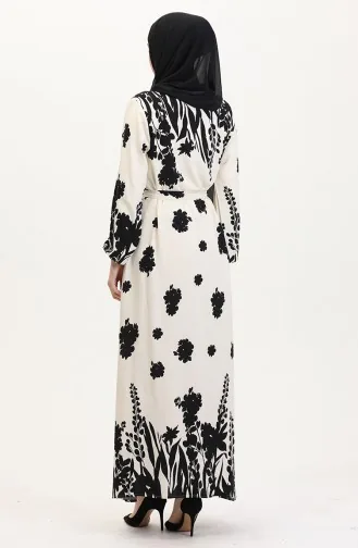 Robe En Viscose à Motifs Avec Ceinture 0018-05 Crème Noir 0018-05