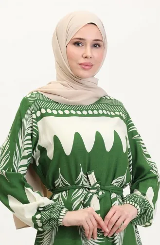 Desenli Kuşaklı Viskon Elbise 0019-02 Zümrüt Yeşili Bej