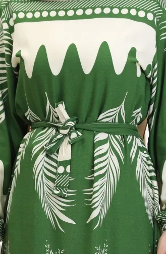 Desenli Kuşaklı Viskon Elbise 0019-02 Zümrüt Yeşili Bej