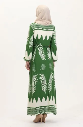 Desenli Kuşaklı Viskon Elbise 0019-02 Zümrüt Yeşili Bej
