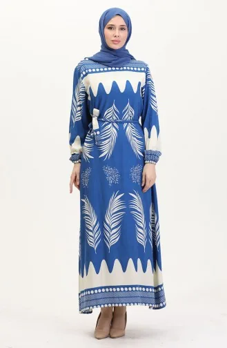 Desenli Kuşaklı Viskon Elbise 0019-05 İndigo Bej
