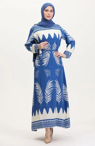 Desenli Kuşaklı Viskon Elbise 0019-05 İndigo Bej