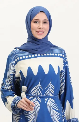 Desenli Kuşaklı Viskon Elbise 0019-05 İndigo Bej