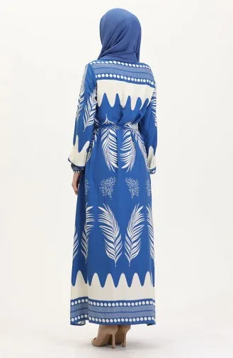 Desenli Kuşaklı Viskon Elbise 0019-05 İndigo Bej