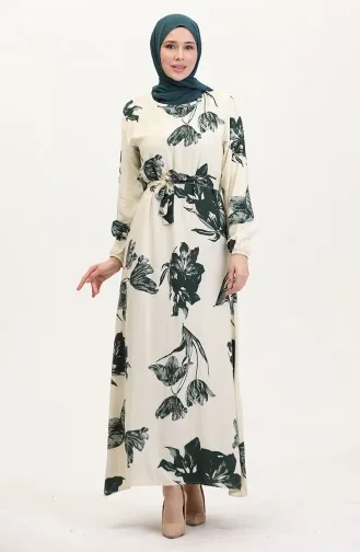 Desenli Kuşaklı Viskon Elbise 0022-01 Krem Koyu Yeşil