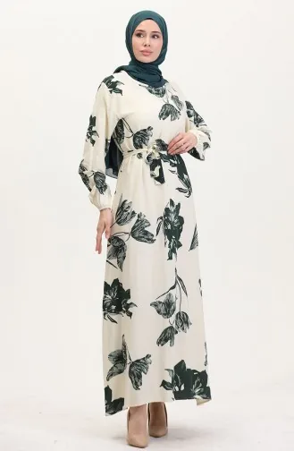 Desenli Kuşaklı Viskon Elbise 0022-01 Krem Koyu Yeşil