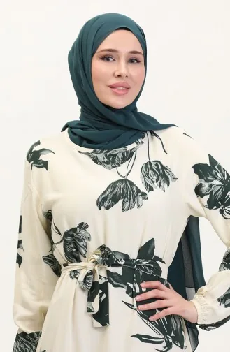 Desenli Kuşaklı Viskon Elbise 0022-01 Krem Koyu Yeşil