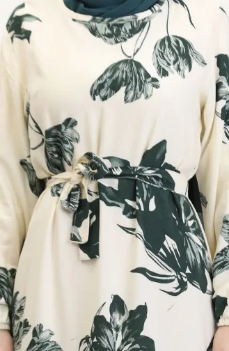 Desenli Kuşaklı Viskon Elbise 0022-01 Krem Koyu Yeşil