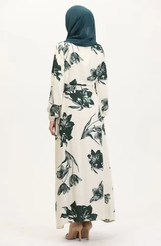 Desenli Kuşaklı Viskon Elbise 0022-01 Krem Koyu Yeşil