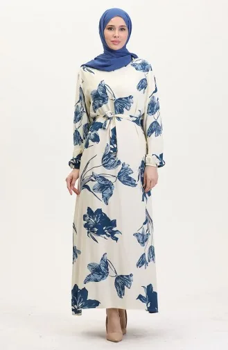 Desenli Kuşaklı Viskon Elbise 0022-02 Krem Petrol