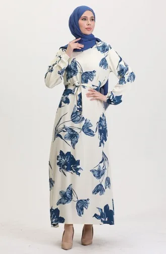 Desenli Kuşaklı Viskon Elbise 0022-02 Krem Petrol