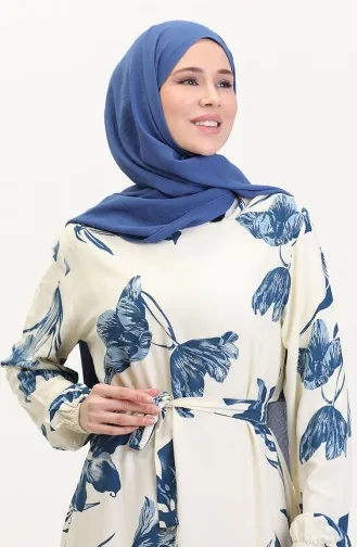 Desenli Kuşaklı Viskon Elbise 0022-02 Krem Petrol