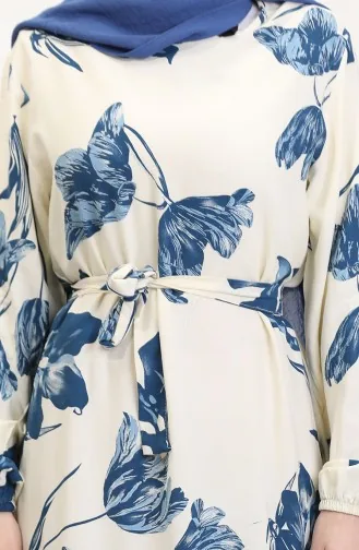 Desenli Kuşaklı Viskon Elbise 0022-02 Krem Petrol