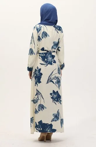Desenli Kuşaklı Viskon Elbise 0022-02 Krem Petrol