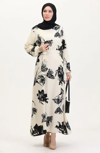 Desenli Kuşaklı Viskon Elbise 0022-03 Krem Siyah