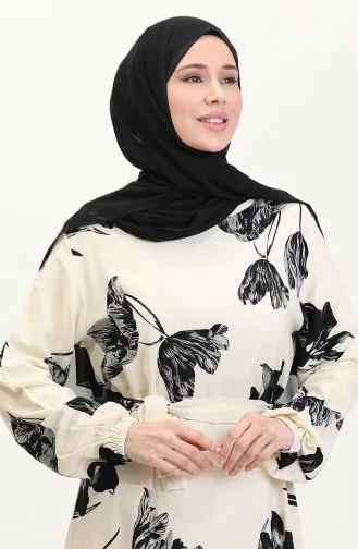Desenli Kuşaklı Viskon Elbise 0022-03 Krem Siyah