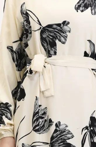 Desenli Kuşaklı Viskon Elbise 0022-03 Krem Siyah