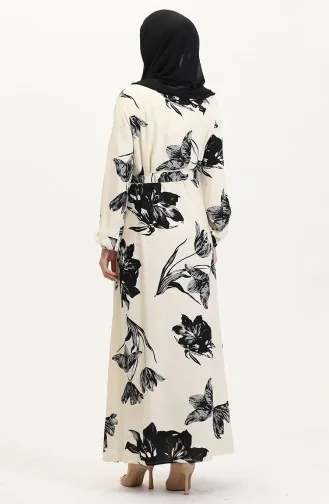 Desenli Kuşaklı Viskon Elbise 0022-03 Krem Siyah