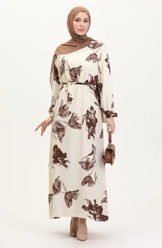 Desenli Kuşaklı Viskon Elbise 0022-04 Krem Kahverengi