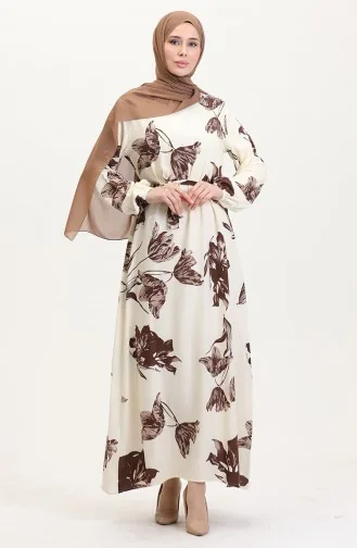 Desenli Kuşaklı Viskon Elbise 0022-04 Krem Kahverengi