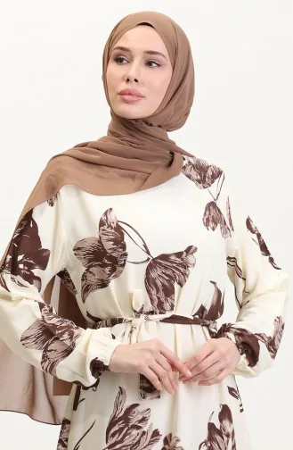 Desenli Kuşaklı Viskon Elbise 0022-04 Krem Kahverengi