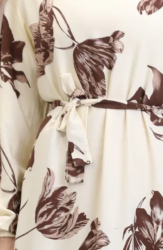 Desenli Kuşaklı Viskon Elbise 0022-04 Krem Kahverengi