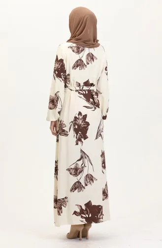 Desenli Kuşaklı Viskon Elbise 0022-04 Krem Kahverengi