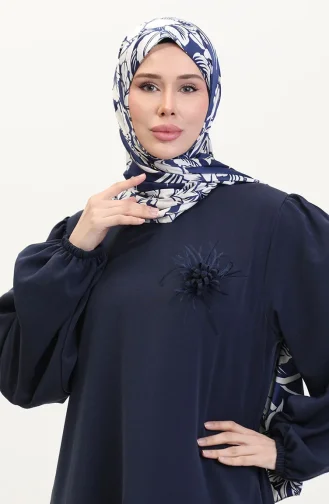 Brooch Detailed Dress 0017-03 Navy Blue 0017-03