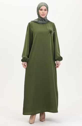 Broş Detaylı Elbise 0017-04 Haki