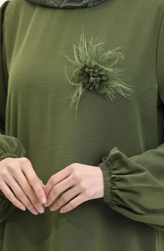 Broş Detaylı Elbise 0017-04 Haki