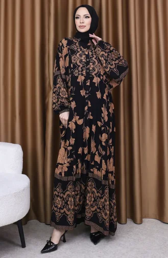 فستان بأكمام منفوخة ومنقوش بالزهور 5574-01 أسود وبني 5574-01