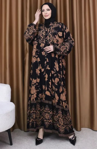 فستان بأكمام منفوخة ومنقوش بالزهور 5574-01 أسود وبني 5574-01