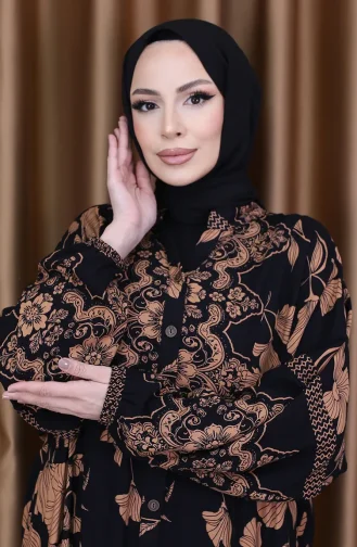 فستان بأكمام منفوخة ومنقوش بالزهور 5574-01 أسود وبني 5574-01