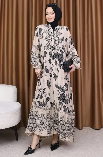 فستان منقوش زهري بأكمام منفوخة 5574-02 من المنك 5574-02