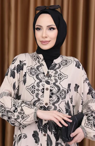 فستان منقوش زهري بأكمام منفوخة 5574-02 من المنك 5574-02