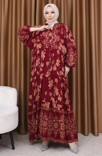 فستان بأكمام منفوخة ومنقوش بالزهور 5574-03 أحمر قرمزي 5574-03