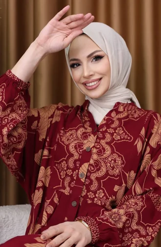 فستان بأكمام منفوخة ومنقوش بالزهور 5574-03 أحمر قرمزي 5574-03